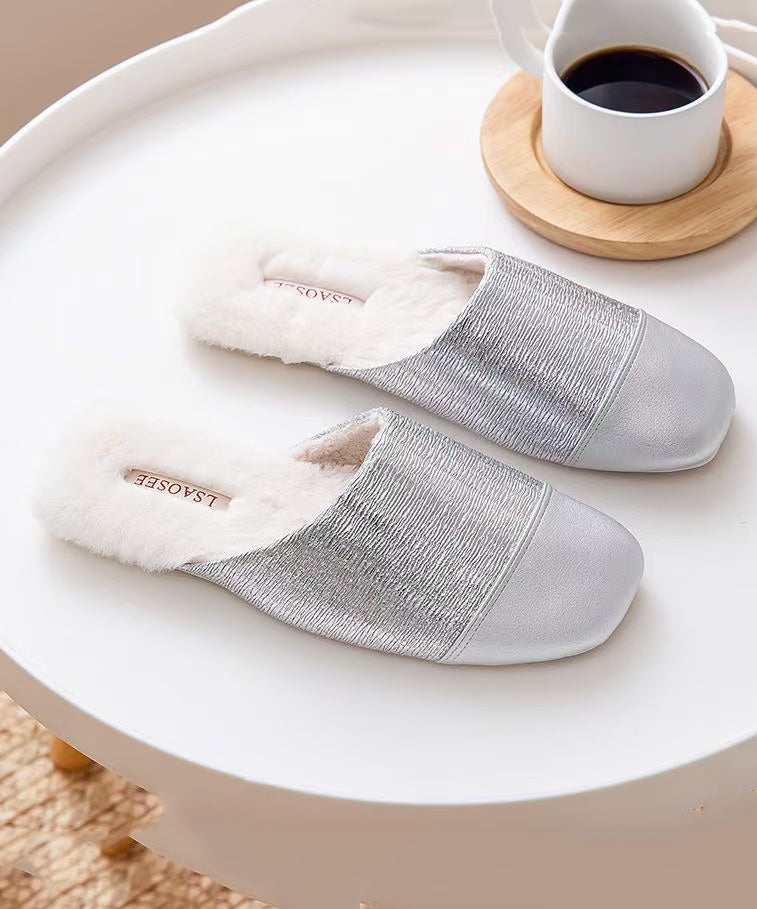 Silver Slippers Shoes Splicing Fuzzy Wool Lined Rx021