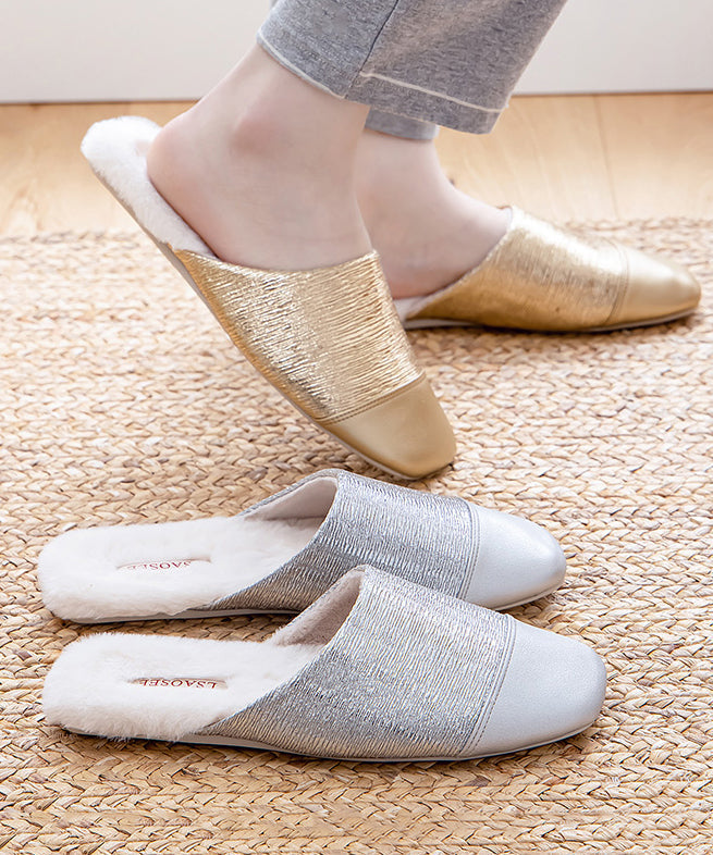 Silver Slippers Shoes Splicing Fuzzy Wool Lined Rx021