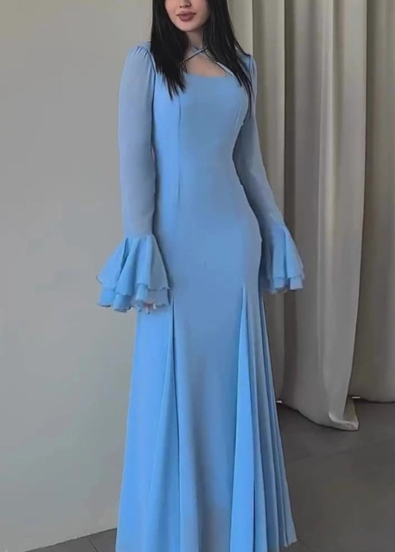 Slim Fit Blue U Neck Chiffon Maxi Dresses Butterfly Sleeve Ql038