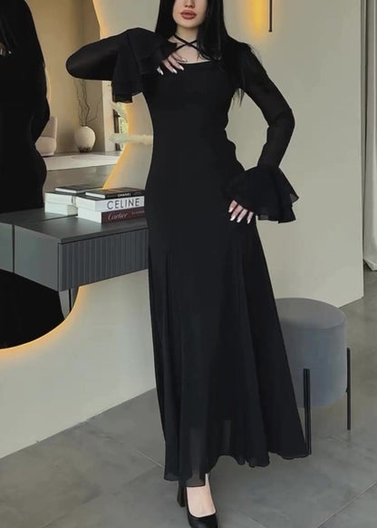 Slim Fit Blue U Neck Chiffon Maxi Dresses Butterfly Sleeve Ql038