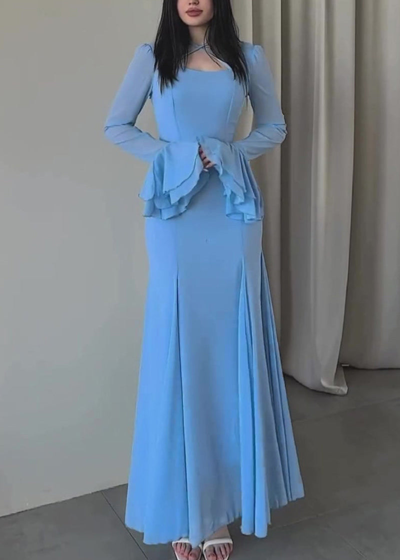 Slim Fit Blue U Neck Chiffon Maxi Dresses Butterfly Sleeve Ql038