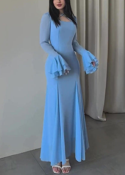 Slim Fit Blue U Neck Chiffon Maxi Dresses Butterfly Sleeve Ql038
