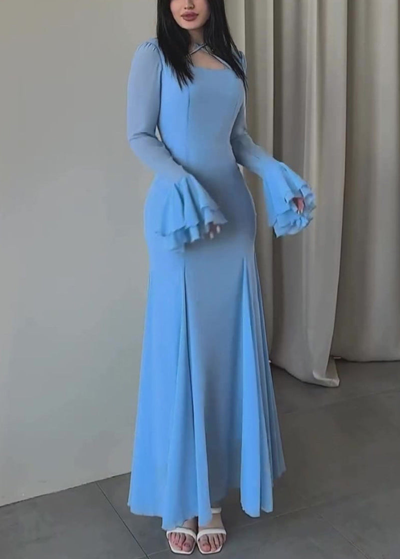 Slim Fit Blue U Neck Chiffon Maxi Dresses Butterfly Sleeve Ql038