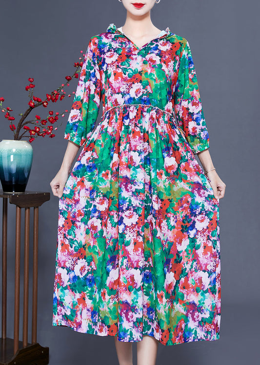 Slim Fit Hooded Ruffled Print Silk Long Dresses Summer Ly0929