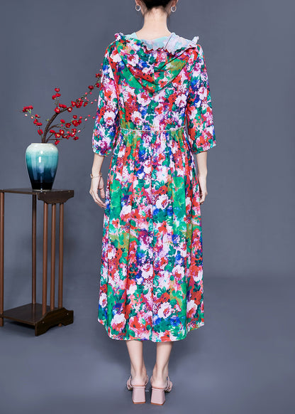 Slim Fit Hooded Ruffled Print Silk Long Dresses Summer Ly0929