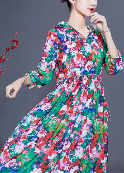 Slim Fit Hooded Ruffled Print Silk Long Dresses Summer Ly0929