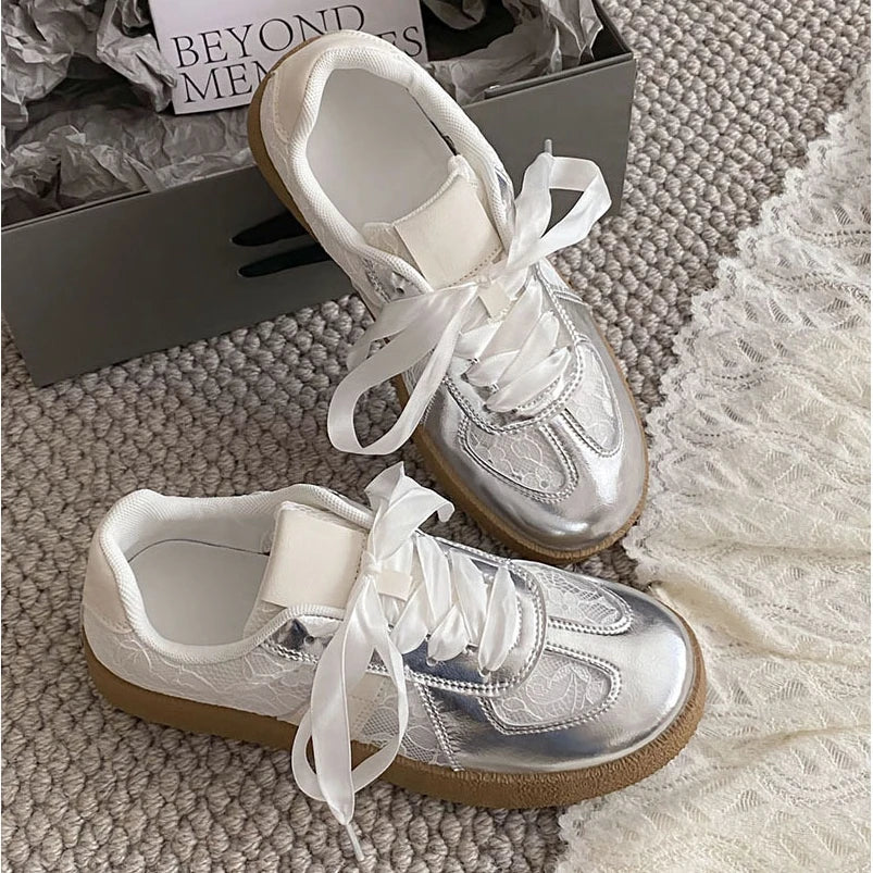 Soft Leather + Lace Mesh Walking Shoes Breathable Sneaker New Lace Up Non-slip Flat Sports Jogging Running Trainers