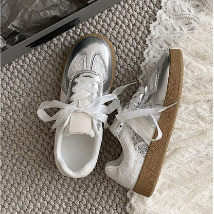 Soft Leather + Lace Mesh Walking Shoes Breathable Sneaker New Lace Up Non-slip Flat Sports Jogging Running Trainers