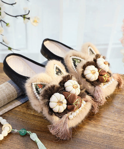 Splicing Slippers Shoes Coffee Embroidery Tassel Tq046