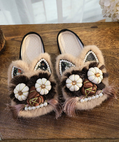 Splicing Slippers Shoes Coffee Embroidery Tassel Tq046