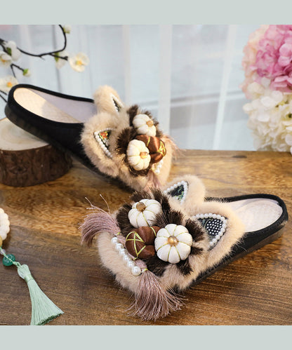 Splicing Slippers Shoes Coffee Embroidery Tassel Tq046