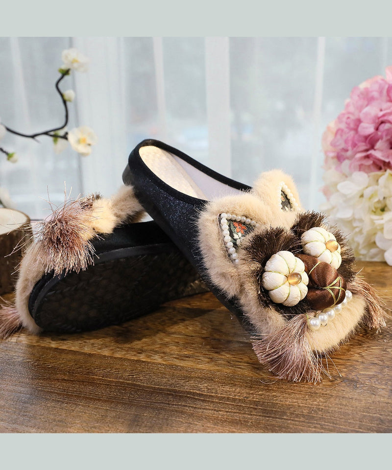 Splicing Slippers Shoes Coffee Embroidery Tassel Tq046