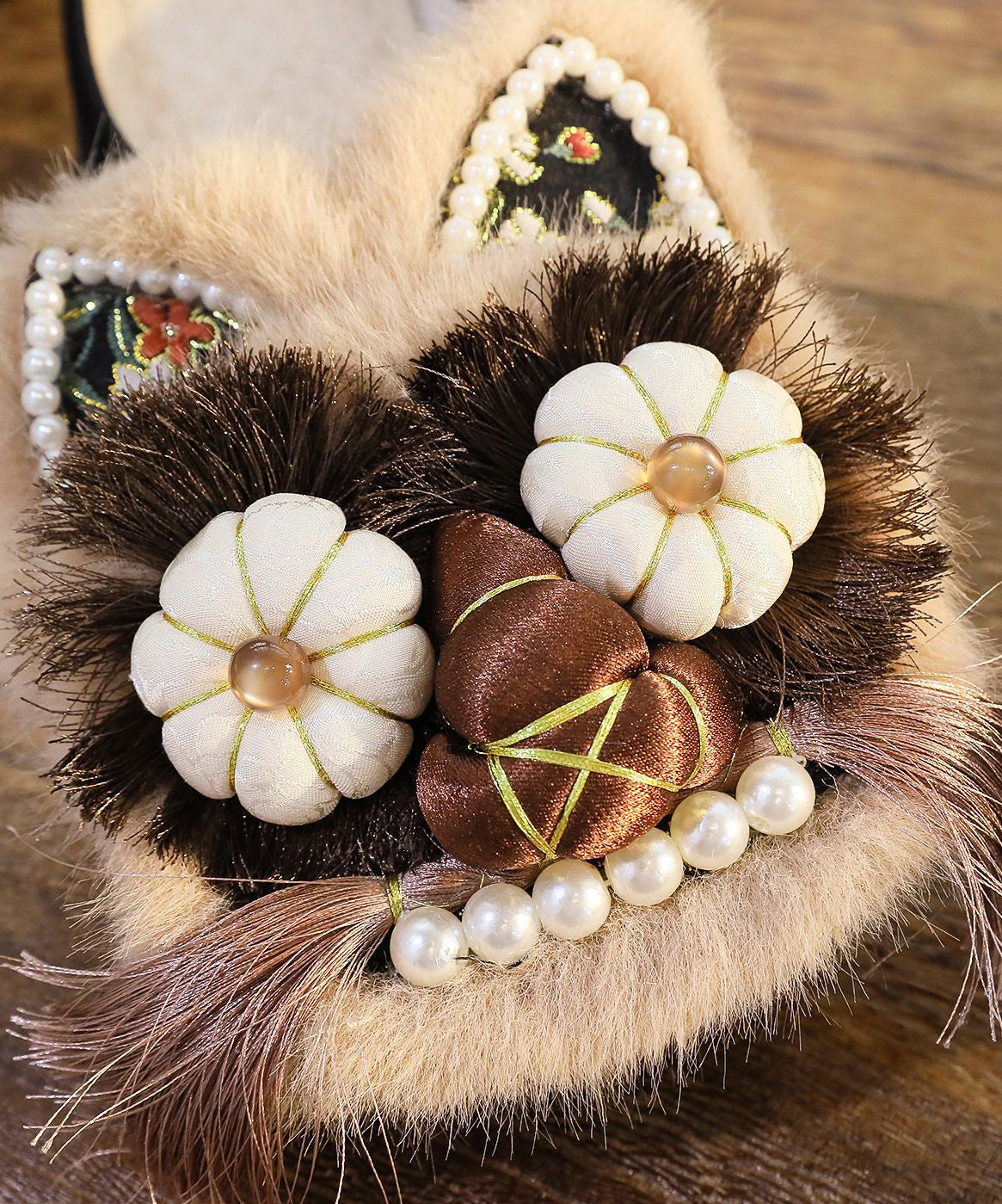 Splicing Slippers Shoes Coffee Embroidery Tassel Tq046