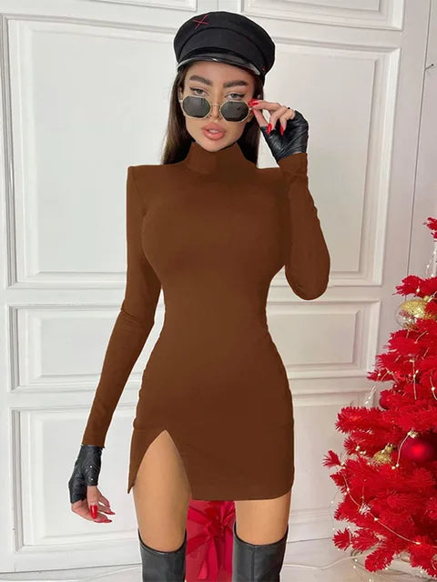 Spring Autumn Long Sleeve Bodycon Soild Color Black Slim Package Hip Mini Dress Female Clothing