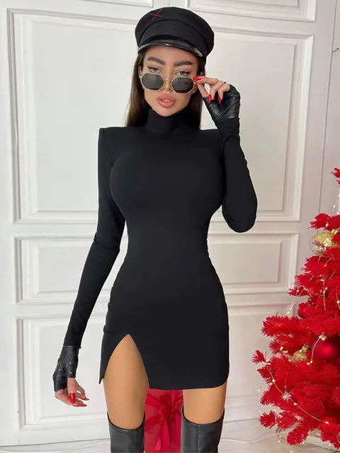 Spring Autumn Long Sleeve Bodycon Soild Color Black Slim Package Hip Mini Dress Female Clothing