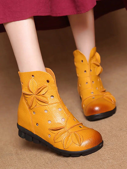 Leahter Hollow Out Spliced Boots