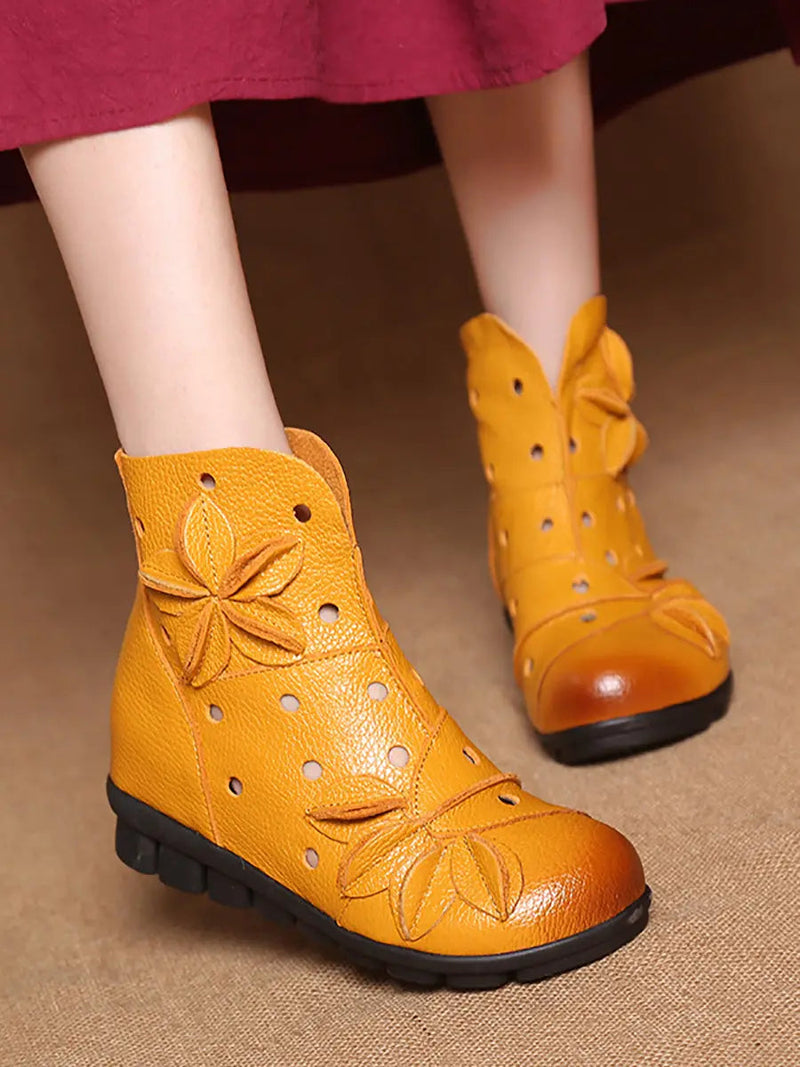 Leahter Hollow Out Spliced Boots