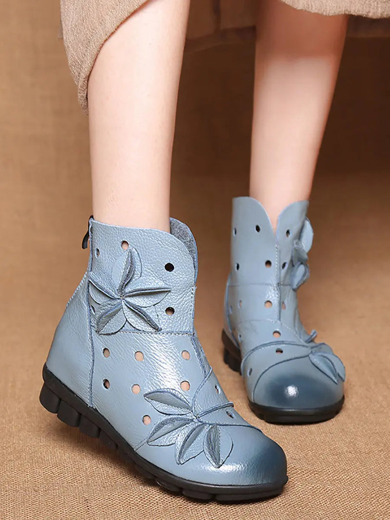 Leahter Hollow Out Spliced Boots