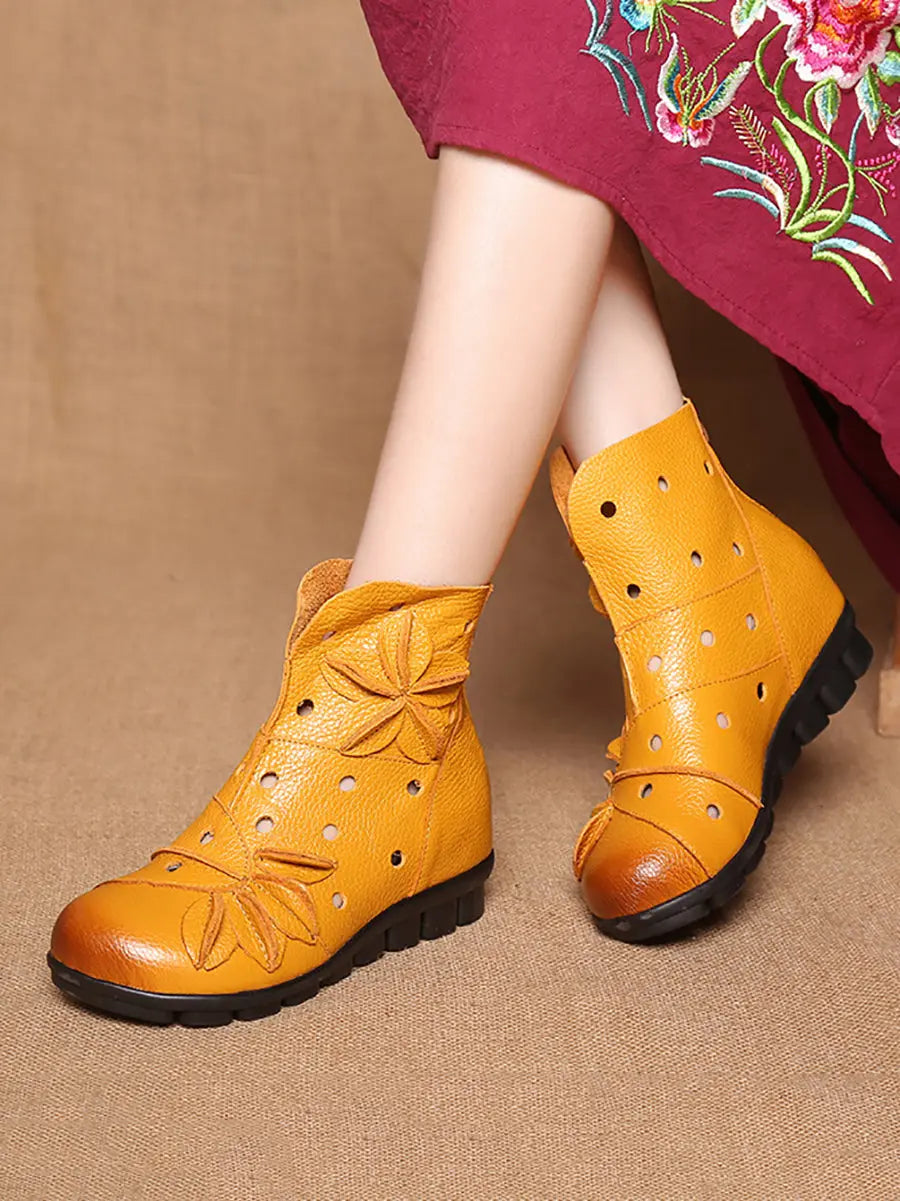 Leahter Hollow Out Spliced Boots