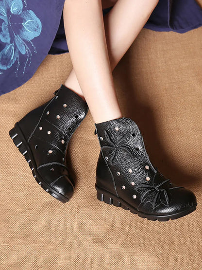 Leahter Hollow Out Spliced Boots