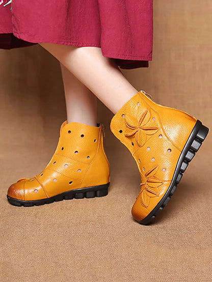 Leahter Hollow Out Spliced Boots