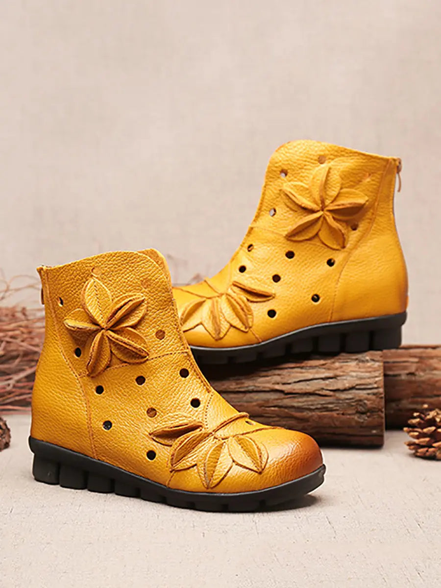 Leahter Hollow Out Spliced Boots