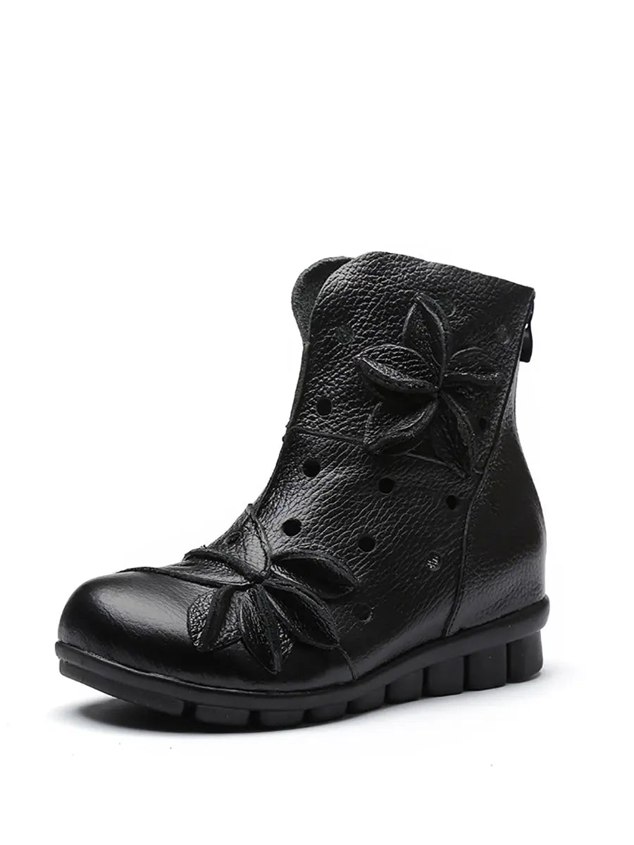 Leahter Hollow Out Spliced Boots