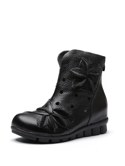 Leahter Hollow Out Spliced Boots