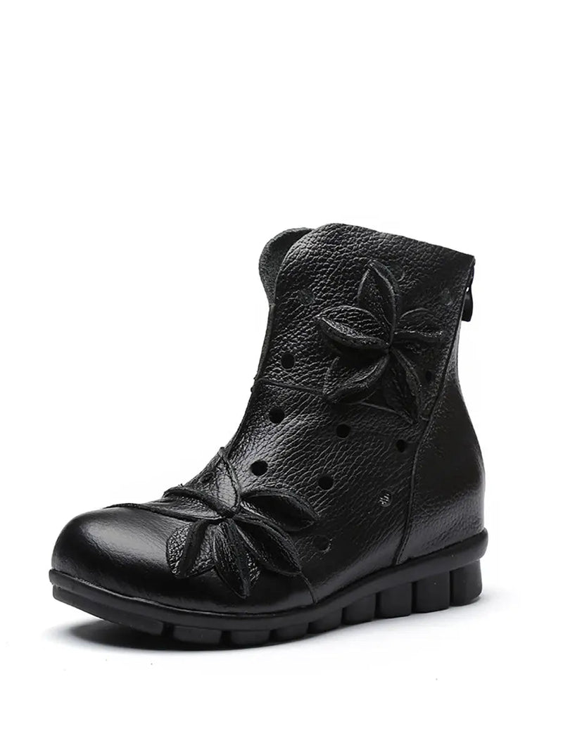 Leahter Hollow Out Spliced Boots