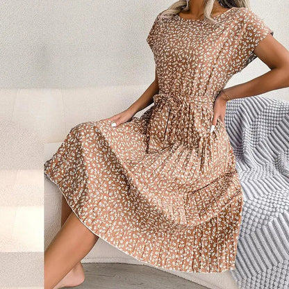 Spring Short Waist Pleated a Line Long Midi Dresses