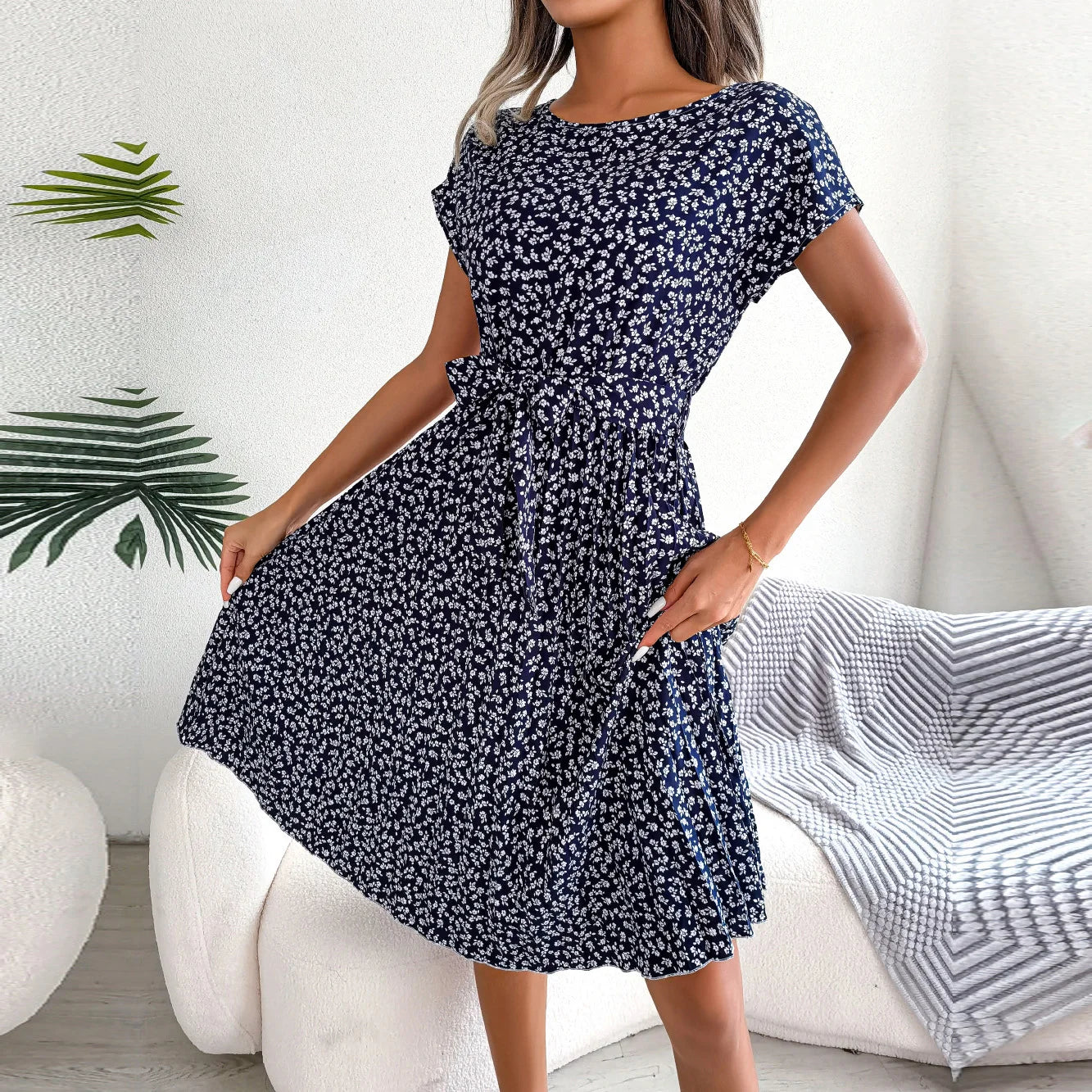 Spring Short Waist Pleated a Line Long Midi Dresses