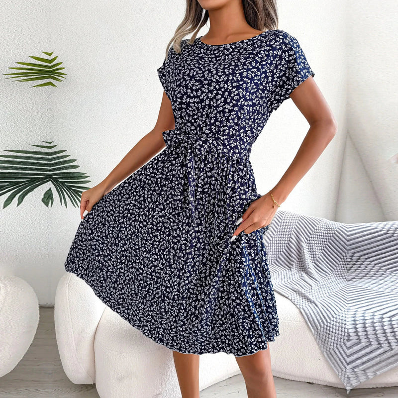 Spring Short Waist Pleated a Line Long Midi Dresses