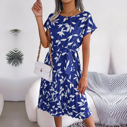 Spring Short Waist Pleated a Line Long Midi Dresses