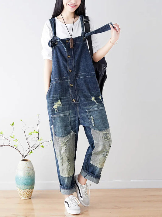 Spliced Denim Jumpsuits