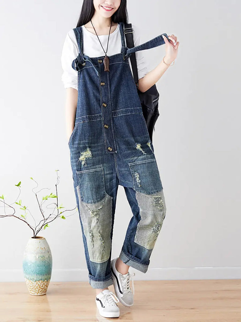 Spliced Denim Jumpsuits