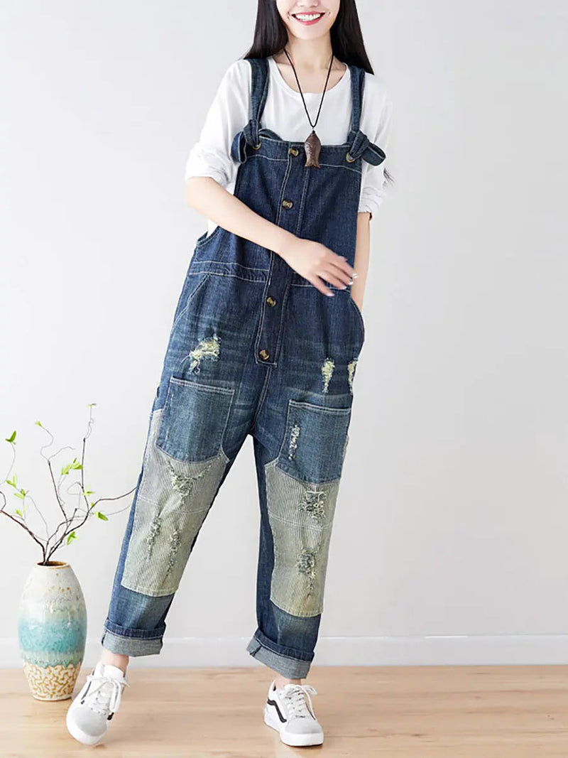 Spliced Denim Jumpsuits
