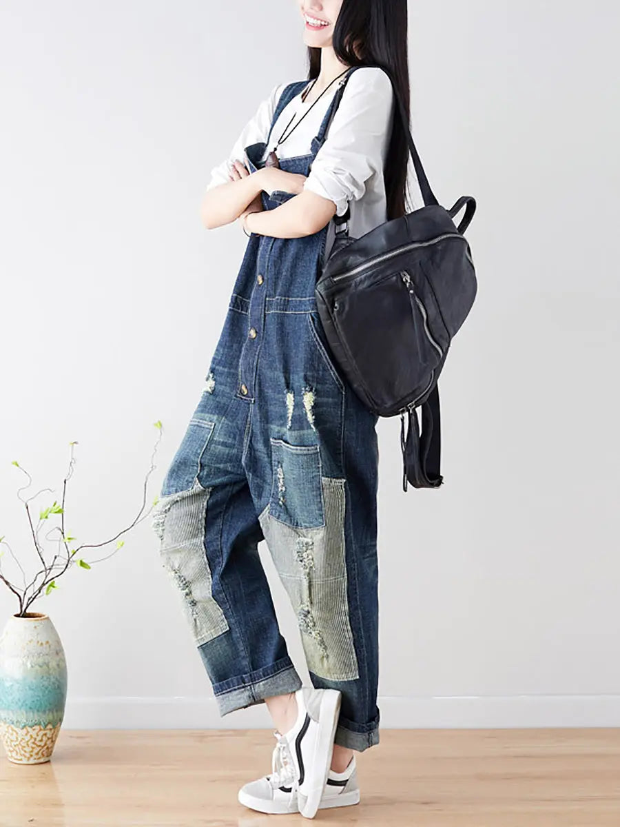Spliced Denim Jumpsuits