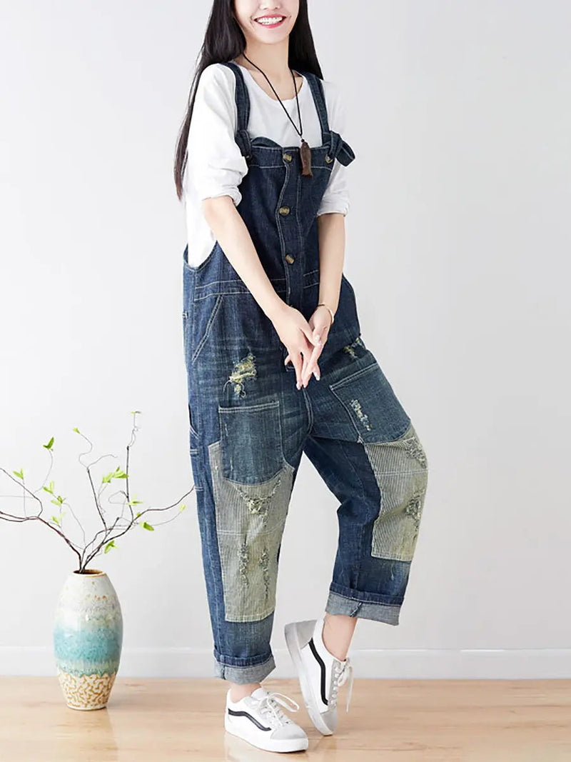 Spliced Denim Jumpsuits