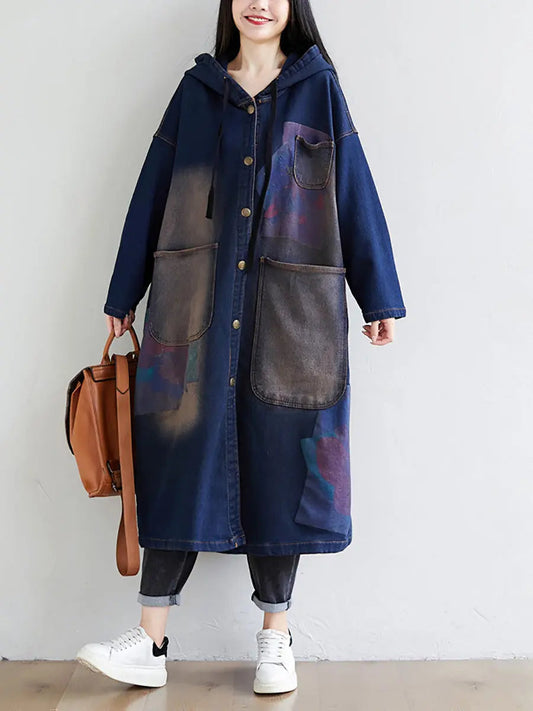 Wron Print Splced Denim Hooded Coat