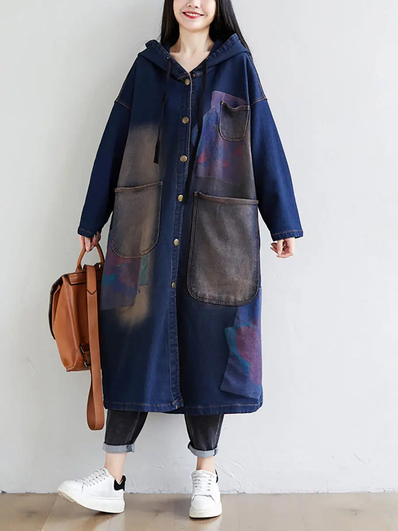 Wron Print Splced Denim Hooded Coat