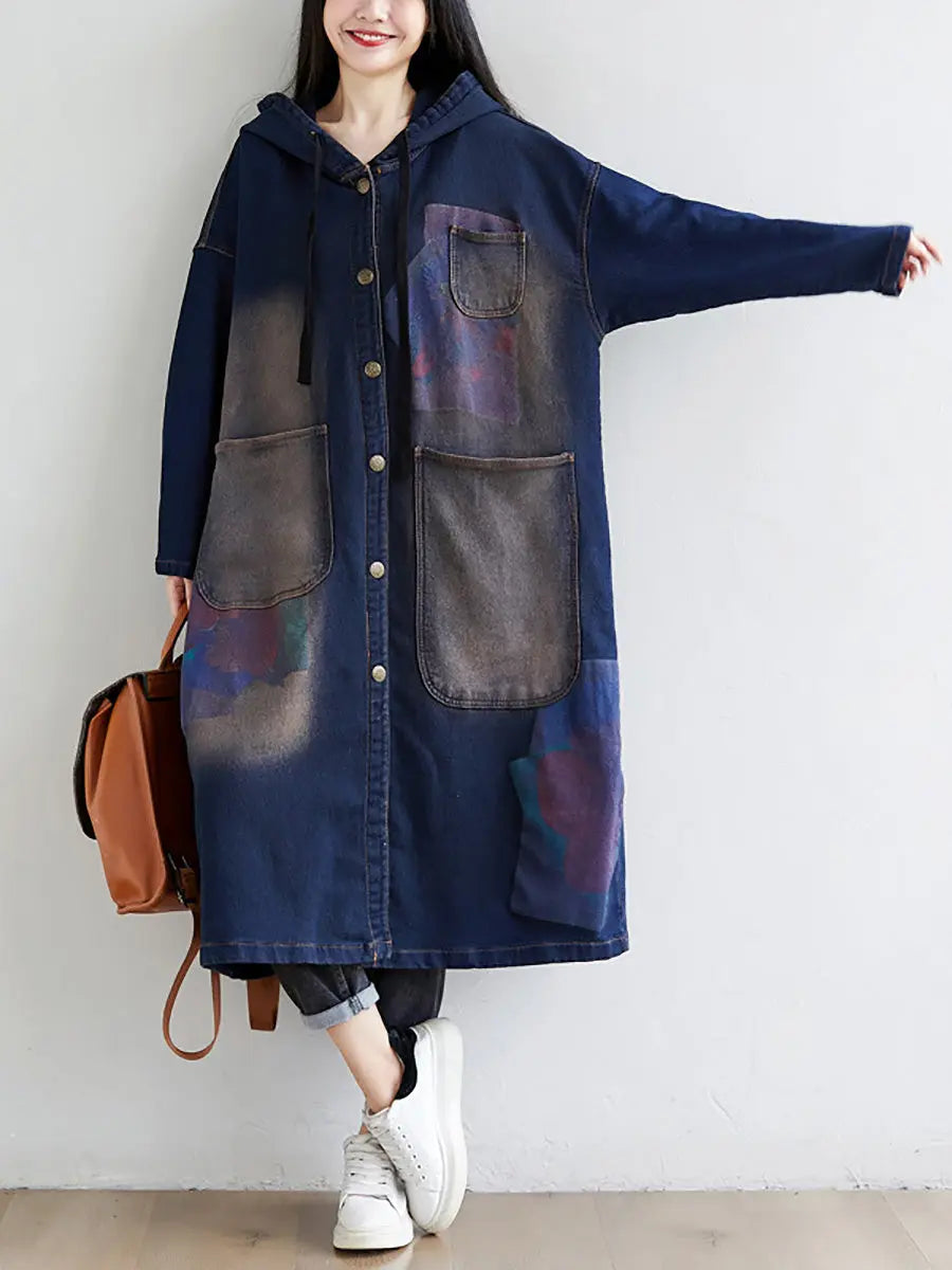 Wron Print Splced Denim Hooded Coat