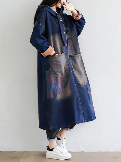 Wron Print Splced Denim Hooded Coat