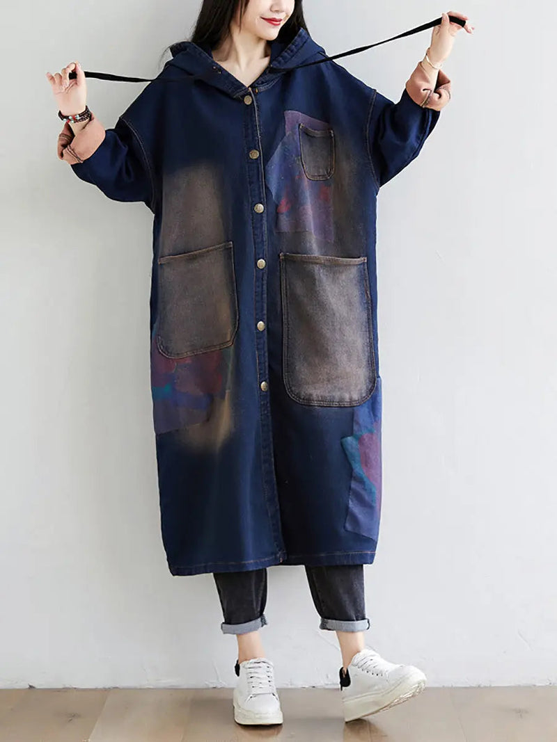Wron Print Splced Denim Hooded Coat