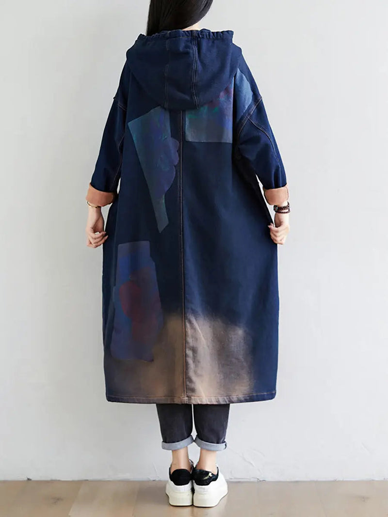 Wron Print Splced Denim Hooded Coat