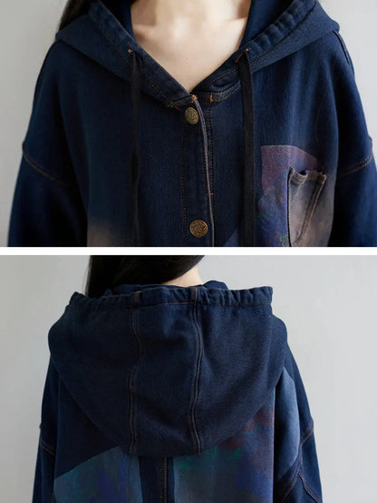 Wron Print Splced Denim Hooded Coat