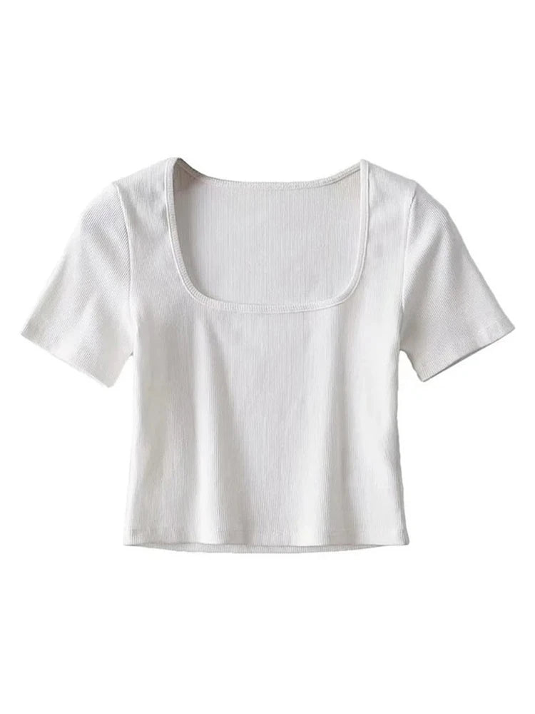 Square Neck Rib Crop T-shirt Short Sleeve Crop Top