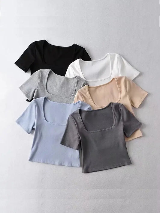 Square Neck Rib Crop T-shirt Short Sleeve Crop Top