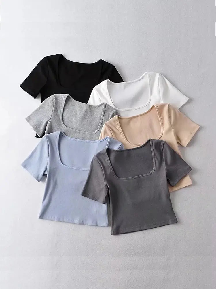 Square Neck Rib Crop T-shirt Short Sleeve Crop Top
