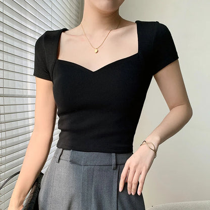 Square Neck Rib Crop T-shirt Summer Short Sleeve Crop Top Color Short Tops Basic Black Tee Shirt