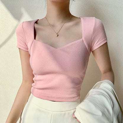 Square Neck Rib Crop T-shirt Summer Short Sleeve Crop Top Color Short Tops Basic Black Tee Shirt